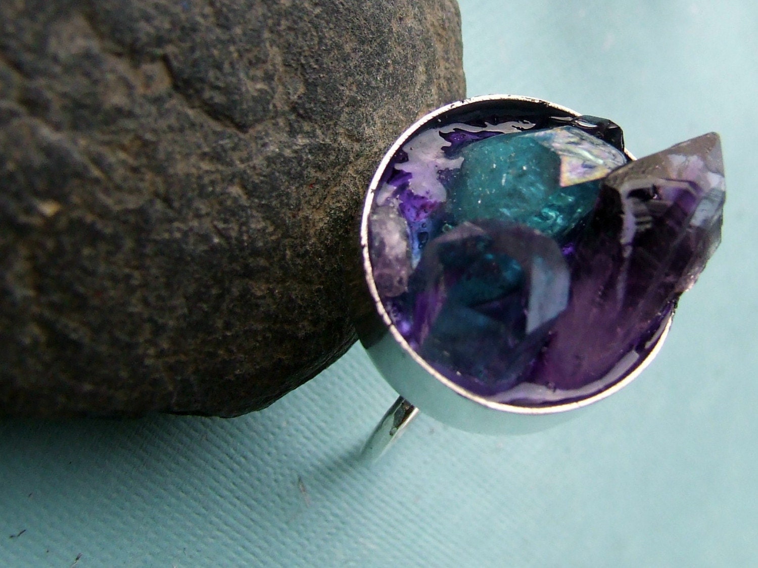 Mixed Crystal Keyhole Sterling Silver Ring- Amethyst, Aqua Aura Quartz, and Clear Quartz in Violet Resin Pool