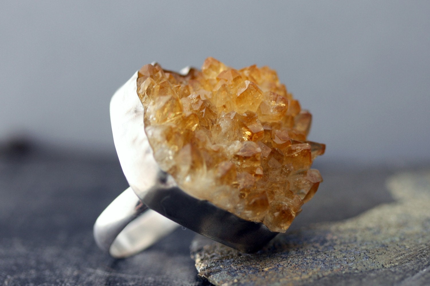 Yellow Citrine Crystal Specimen in Sterling Silver Ring