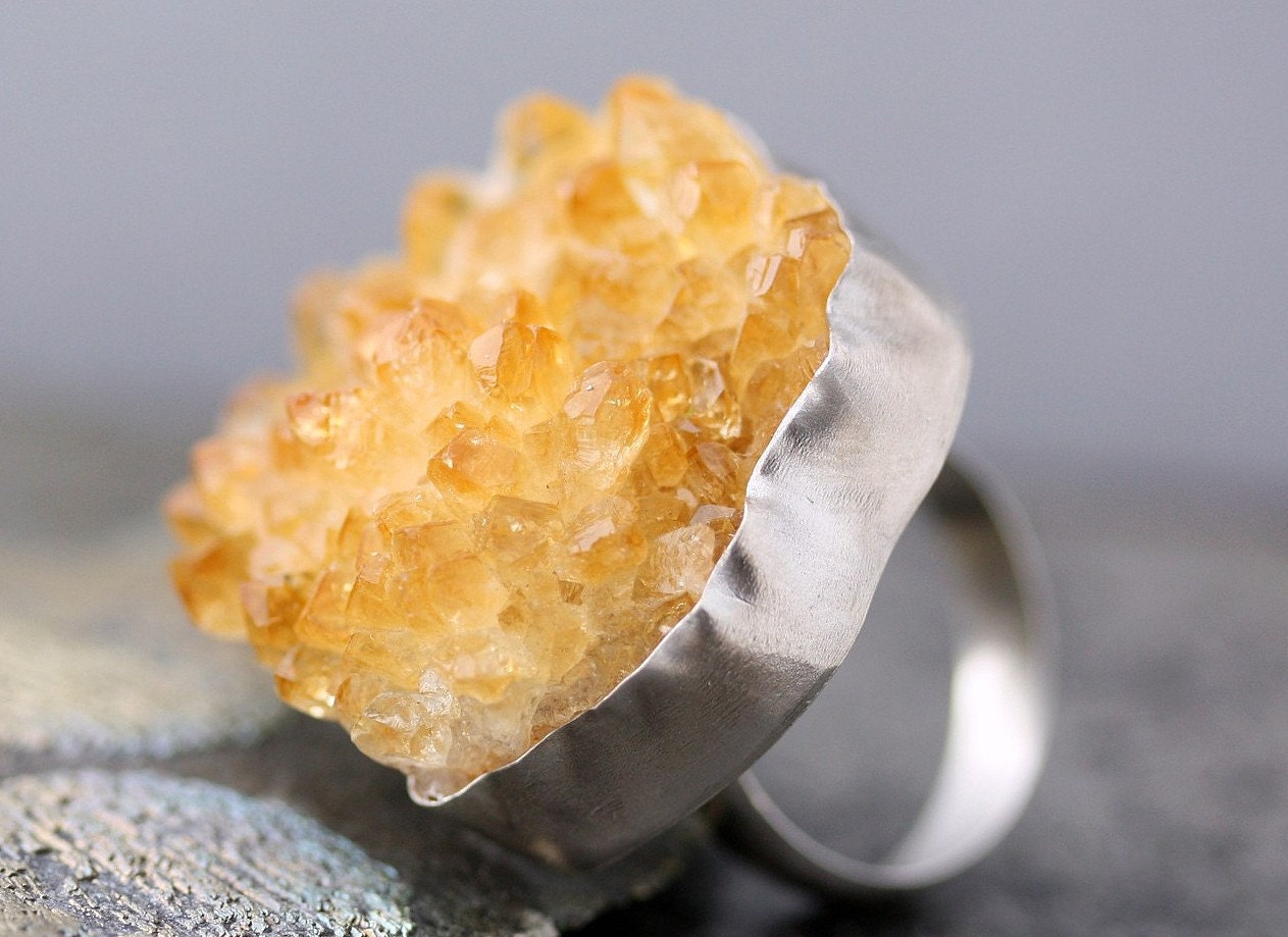 Yellow Citrine Crystal Specimen in Sterling Silver Ring