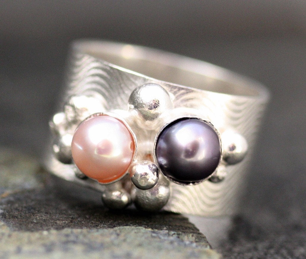 Colored Pearls in Textured Sterling Silver Ring- Choose Your Pearls