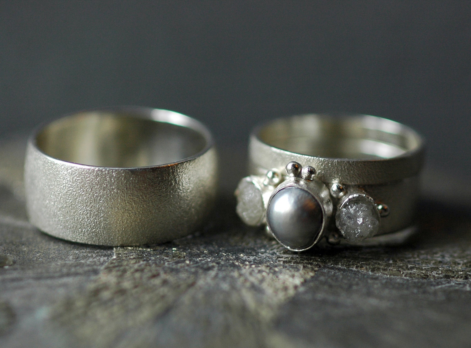 Three Rings- Rough Diamond and Pearl Engagement Ring  and His-and-hers Wedding Band Set