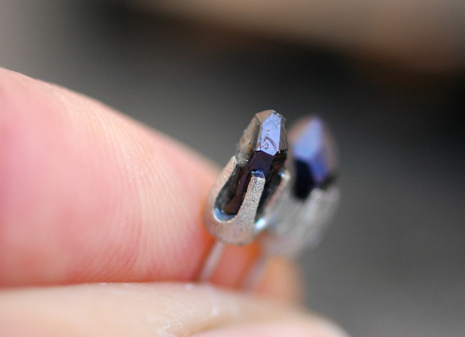 Little Cobalt Aura Quartz Points in Textured 14k White Gold Earrings
