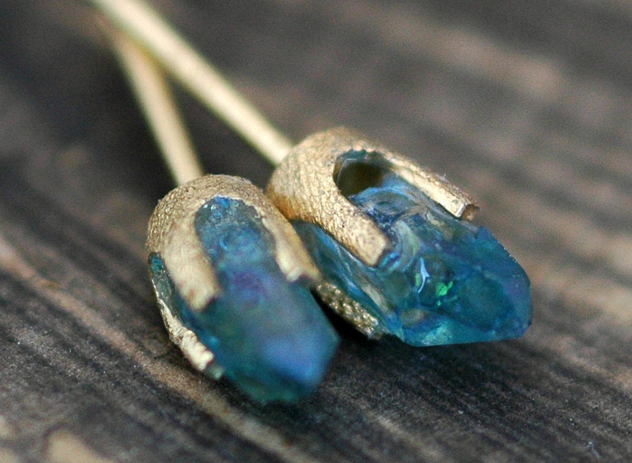 Little Aqua Aura Quartz Points in Textured 14k Yellow Gold Earrings