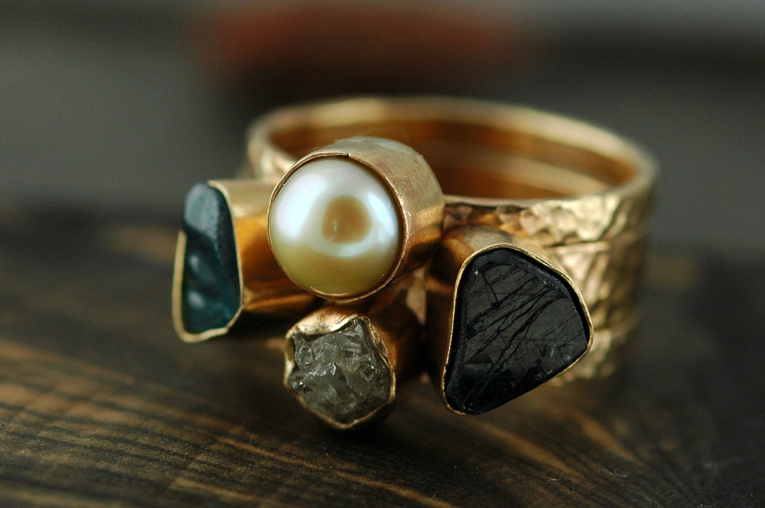 Three Stacking Rings- Custom 14k Gold  Set With Pearl, Rough Diamond, and  Raw Gemstones