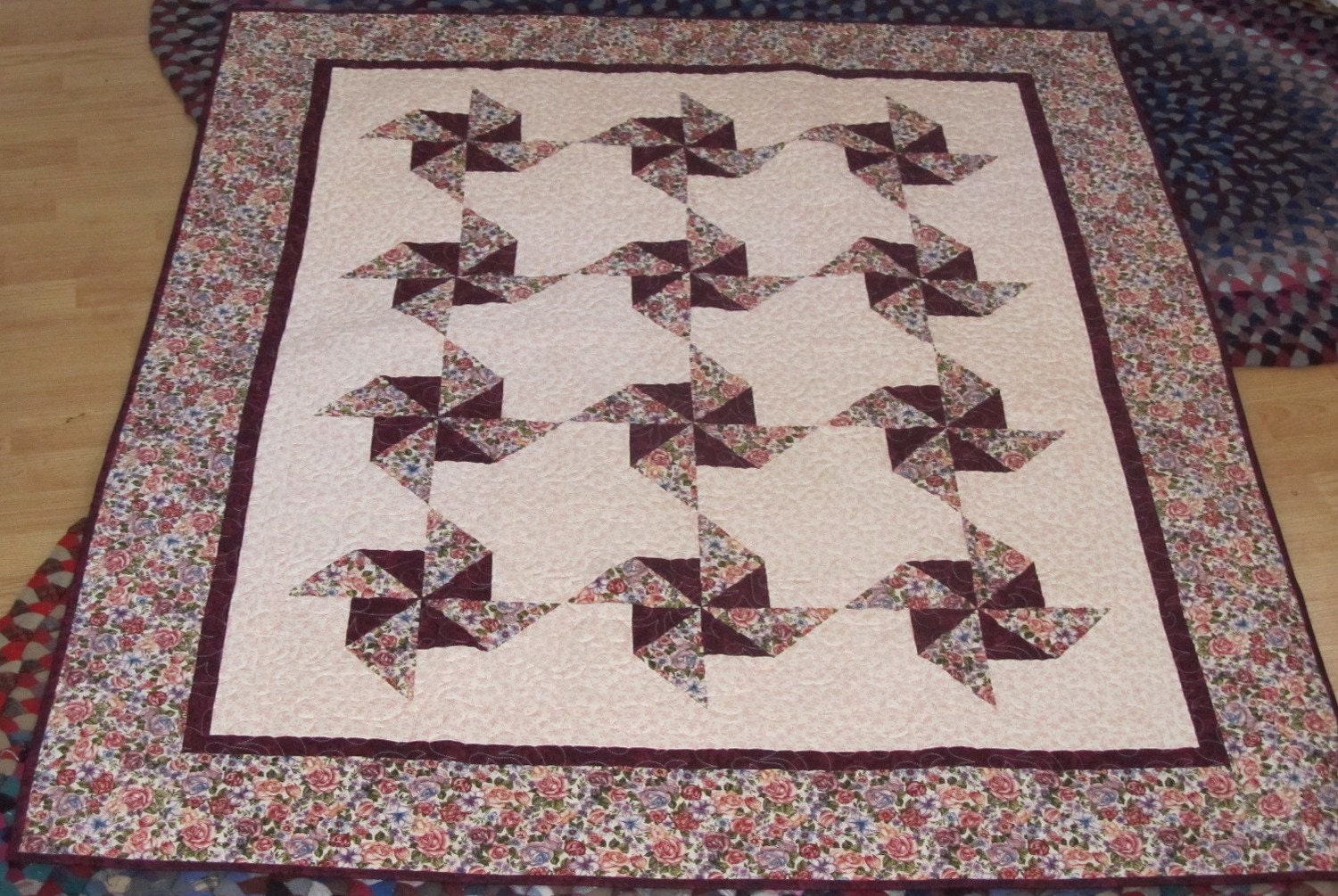 Handmade Maroon Floral Pinwheel Lap Quilt