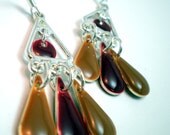 Earrings - Triangle Cascade - Epoxy Beaded Candy Drops in Burgundy and Brown