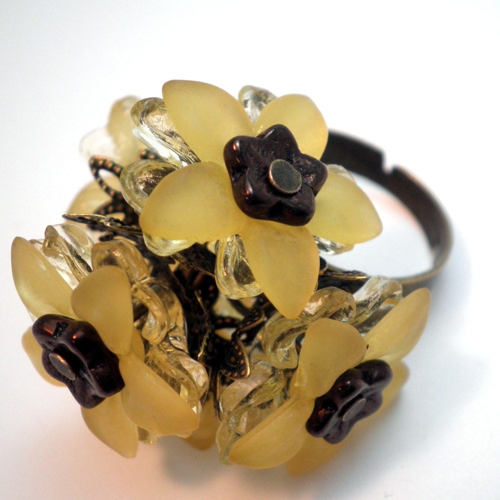Adjustable Ring - Yellow Chiffon and Brassy Bronze Flower Bouquet - Adjustable Brass Plated