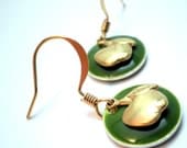 Earrings - Granny Smith Green Epoxy Circular Candy Drop Beads Accented with a Golden Apple