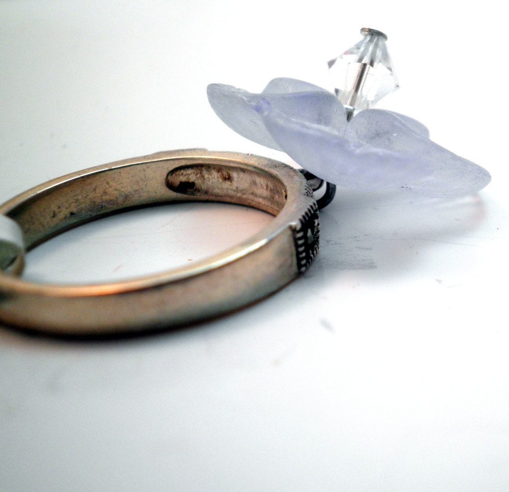 Ring - Single Icy Light Blue Pansy Marcasite and Sterling Silver - Size 8