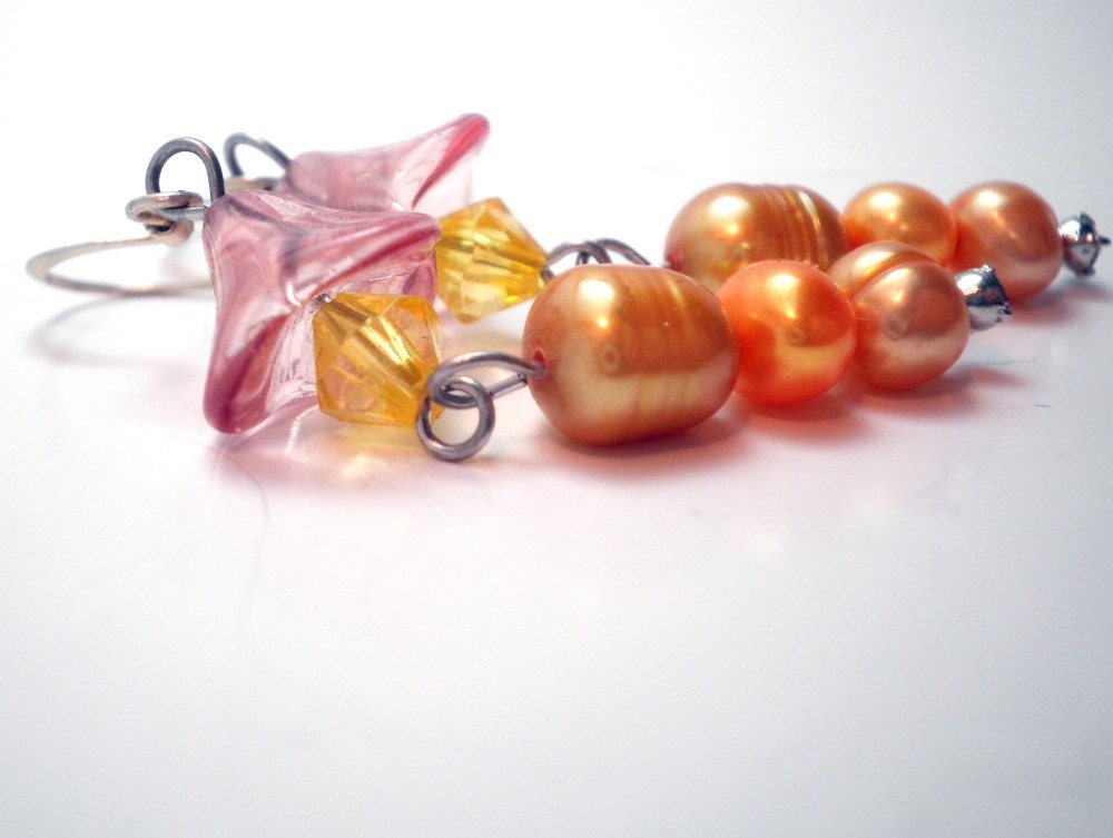 Earrings - Honeysuckle Pink Czech Glass Cherry Blossoms with Golden Rod Fresh Water Pearl Dangles
