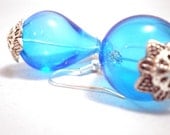 Earrings - Sapphire Blue Hollow Glass Raindrops with Silver Accents