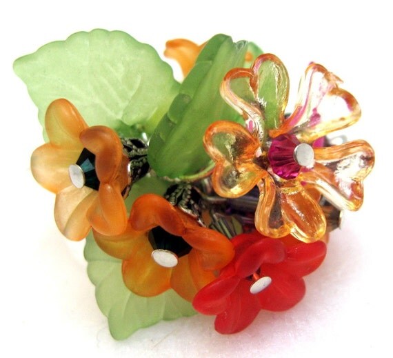 Wide Banded Ring - Bouquet of Flowers - Adjustable Hill Tribe Silver