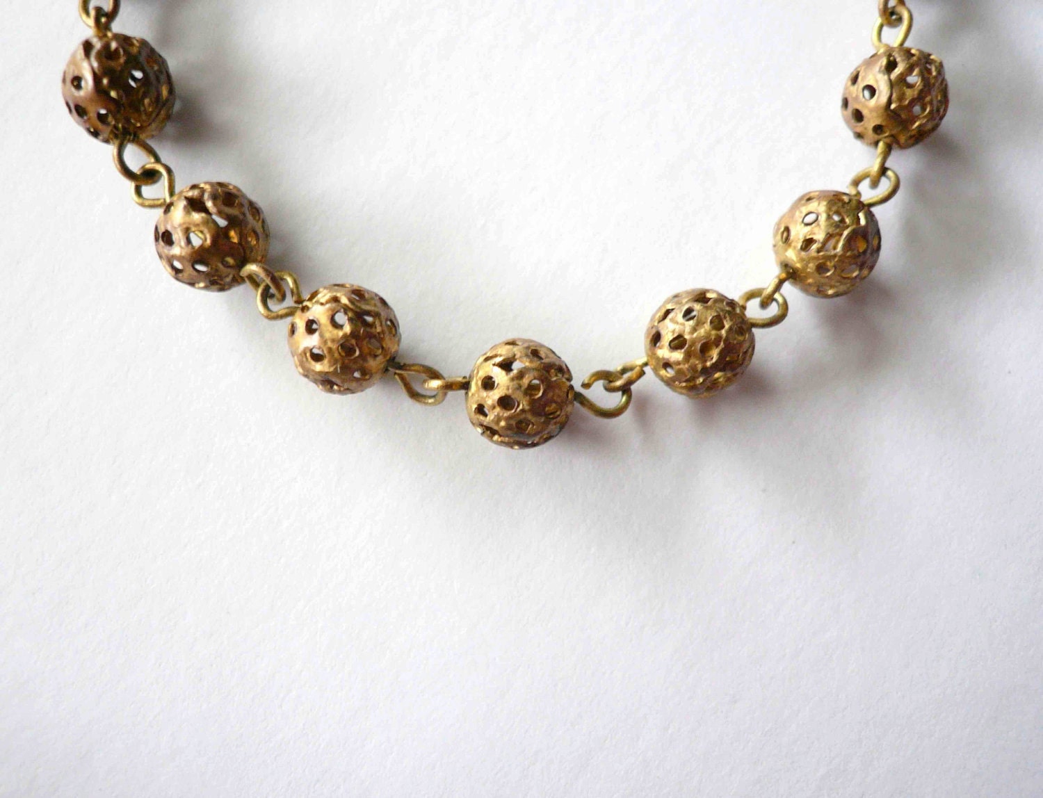 Brass bead choker. Vintage brass filigree bead short necklace chain.