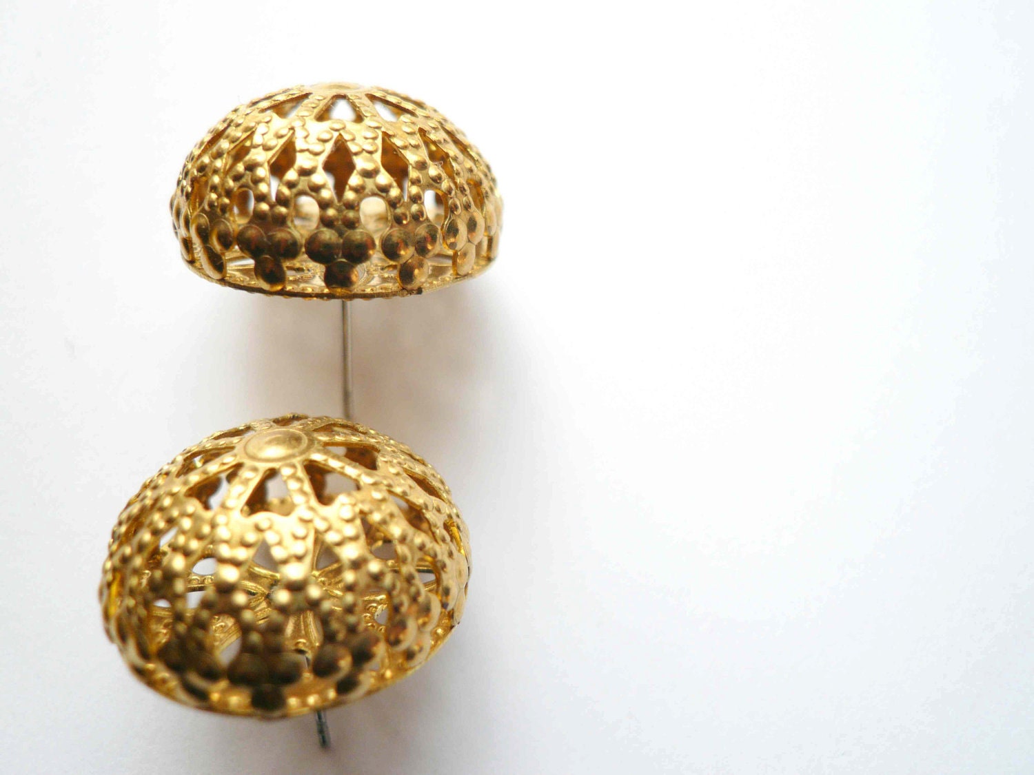 Studs. Gold post earrings. Large mid century round brass filigree 1950s 1960s post earrings.