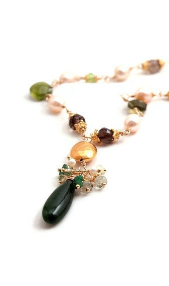 Green Necklace - Gemstone and Pearl Jewelry - King's Forest Ooak