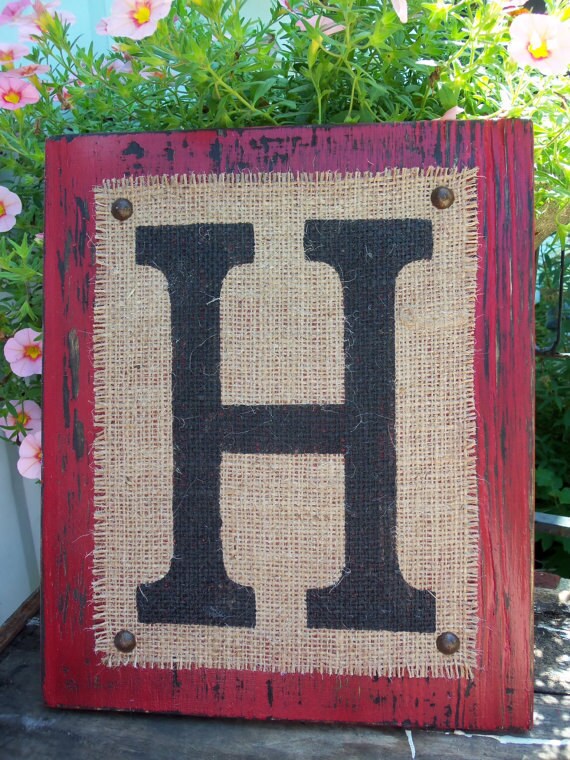 Burlap Monogram LETTER Sign, Home or Wedding SIGN, red, hanging Wood letter, Any letter A-Z