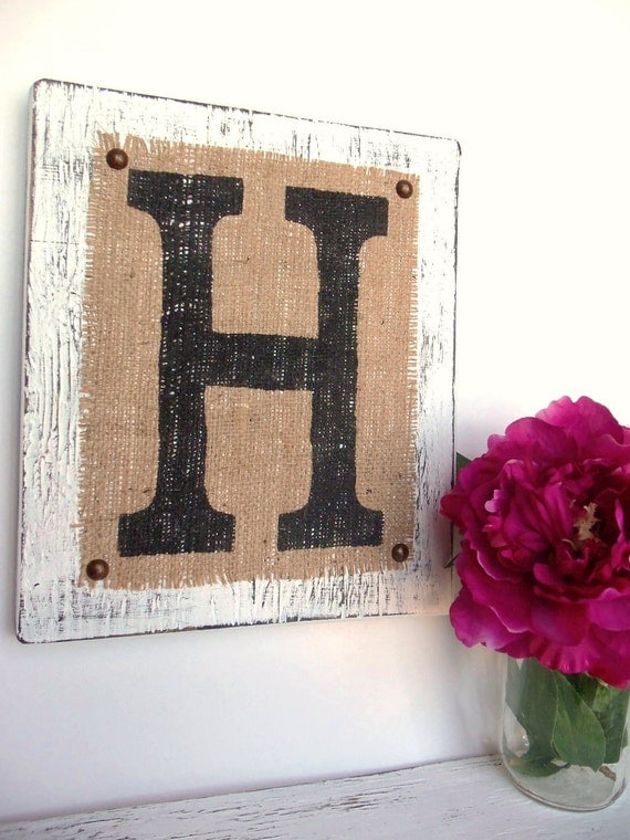 Hanging Wood Letters Custom Burlap Sign Letter H White you choose color
