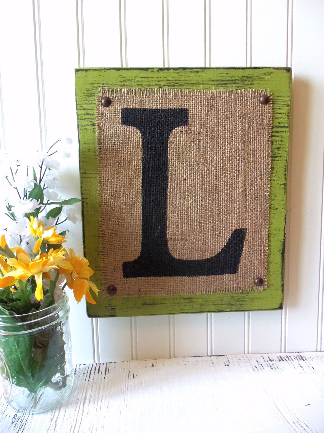 BURLAP sign monogram Letter Home or Wedding SIGN, White, C any letter