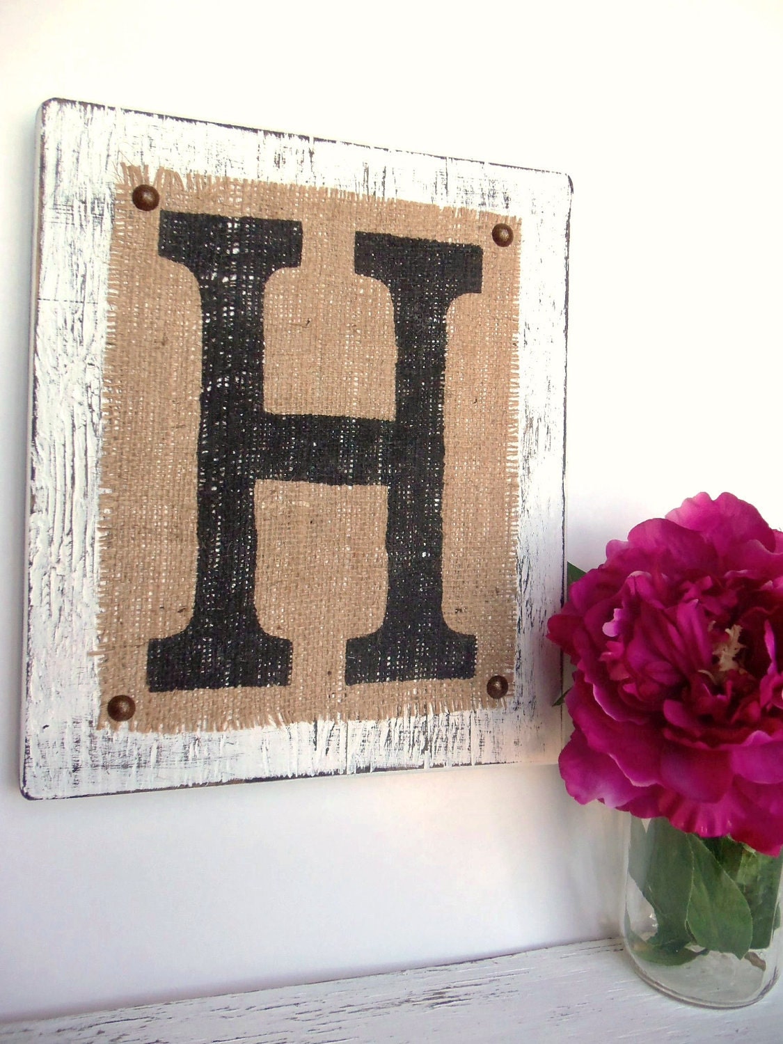 Hanging Wood Letters Custom Burlap Sign Letter H White you choose color