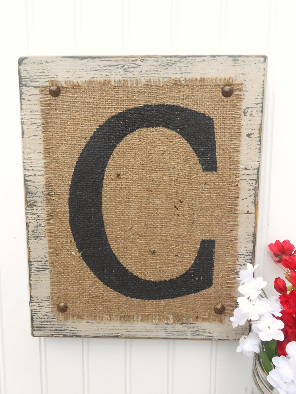 Burlap Monogram Letter Sign, Home or Wedding SIGN, Gray/Sand color, hanging wood letter, Any letter A-Z