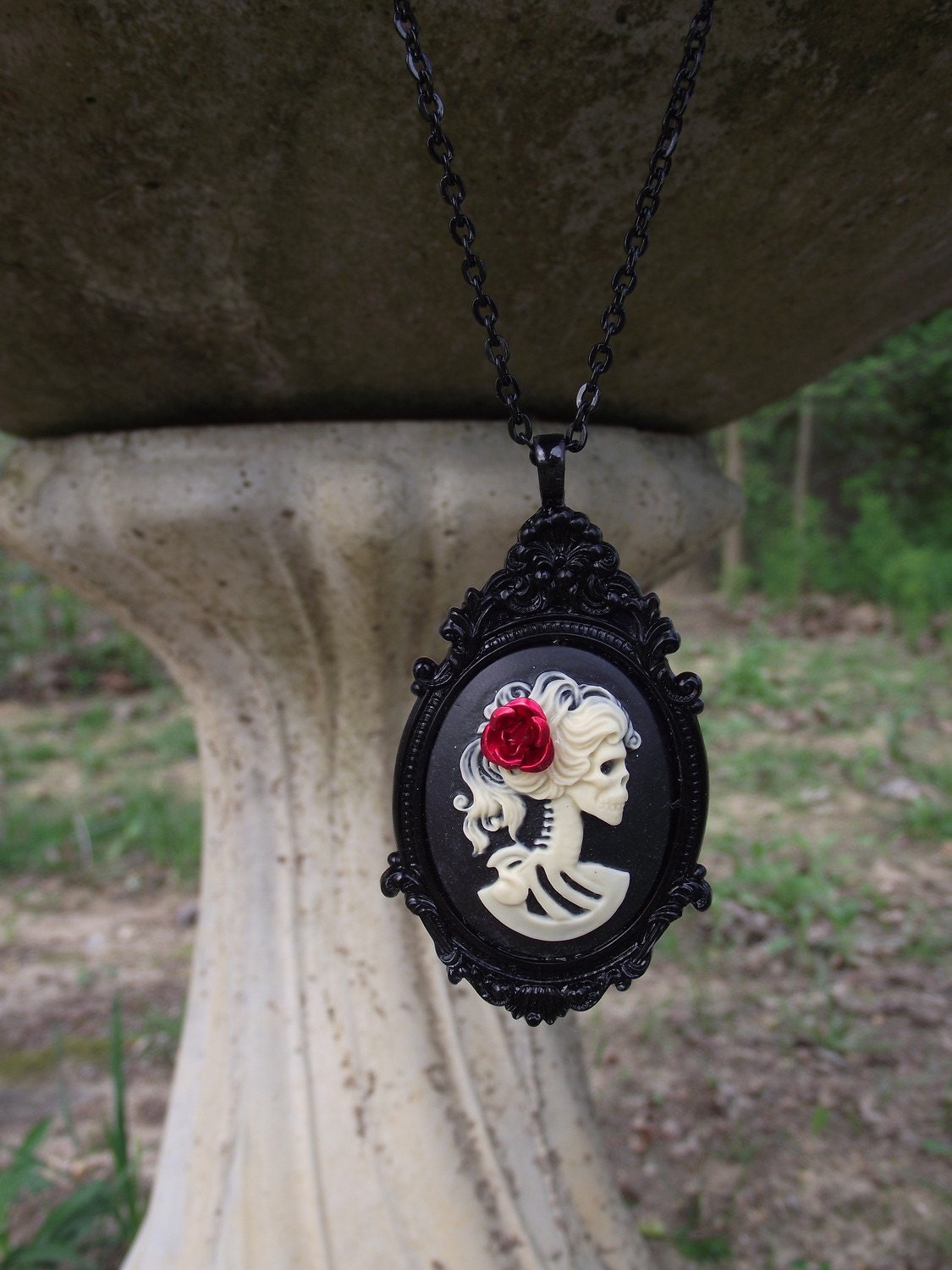 Noir Belle Morte - Skeleton Cameo on Black Resin Victorian Pendant Necklace