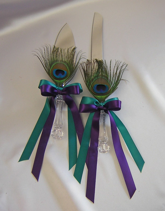 Wedding Bridal Peacock Cake Knife and Server Set Your Color Ribbon