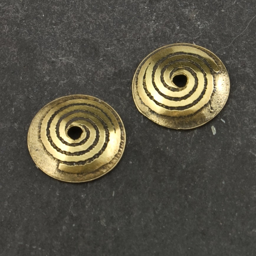 Handmade Etched Brass Bead Caps With Spiral Design, 9mm, 1 Pair (2 Caps)