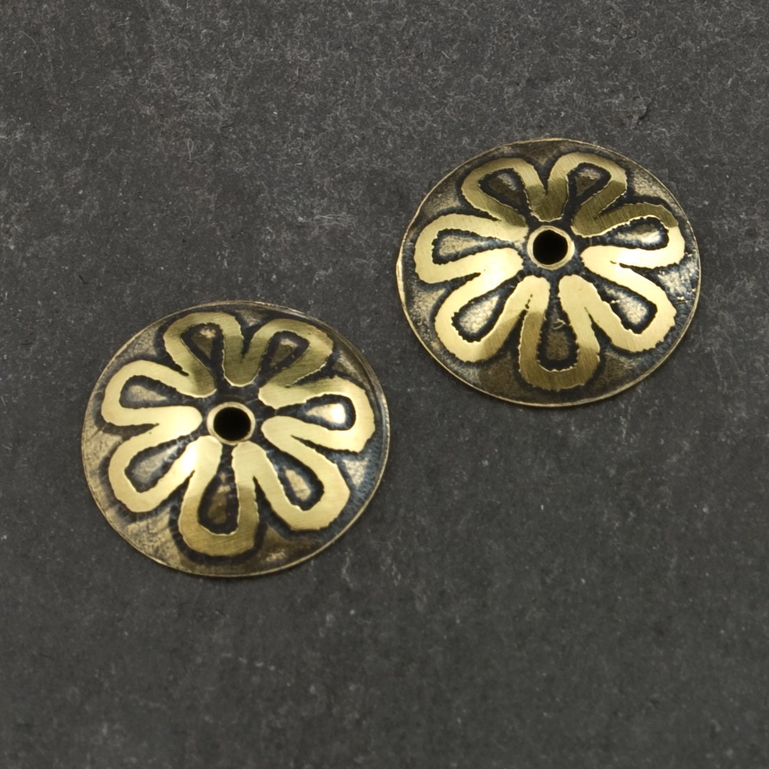 Handmade Etched Brass Bead Caps With 7 Petal Raised Flower, 12mm, 1 Pair (2 Caps)