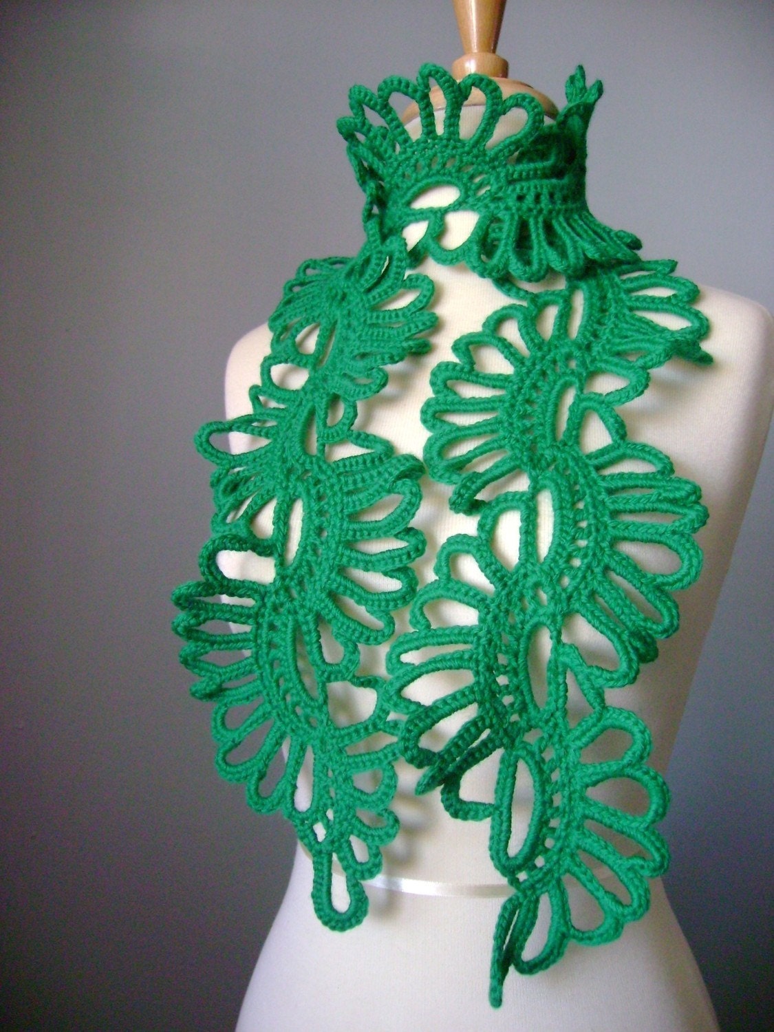 Crochet Green  scarf  , lace , wool , Emerald , spring