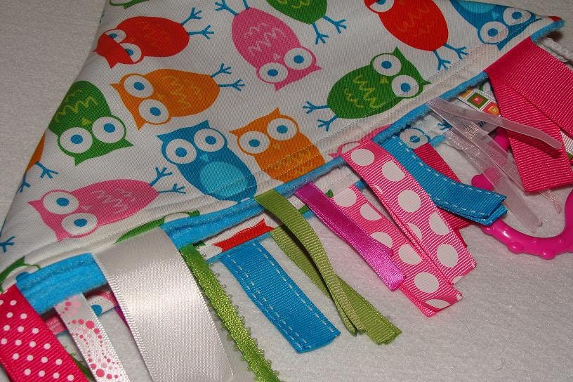 Tag Rag for your Playful Peanut: Owls on White with Pink, Orange, Green and Blue