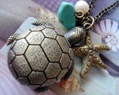 Under the Sea. Turtle Pocket Watch with Charms Necklace. (Bronze)