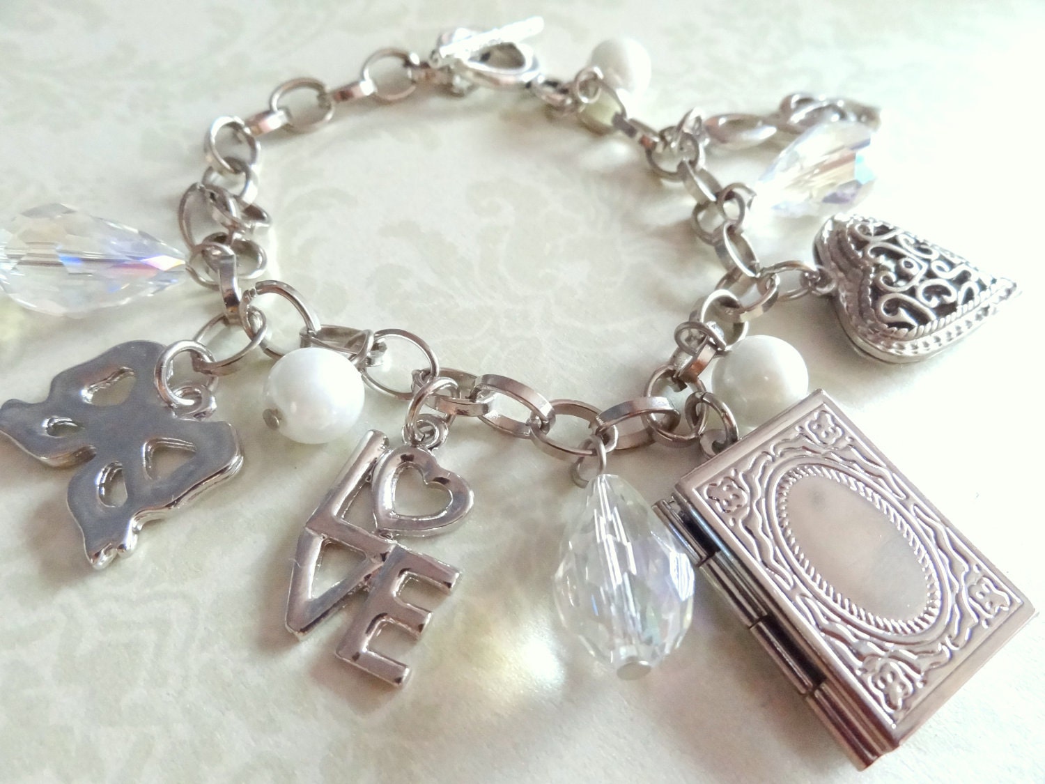 Friendship Bracelet. Book Locket, Heart, Love, Bow, G-Clef Charms Bracelet.