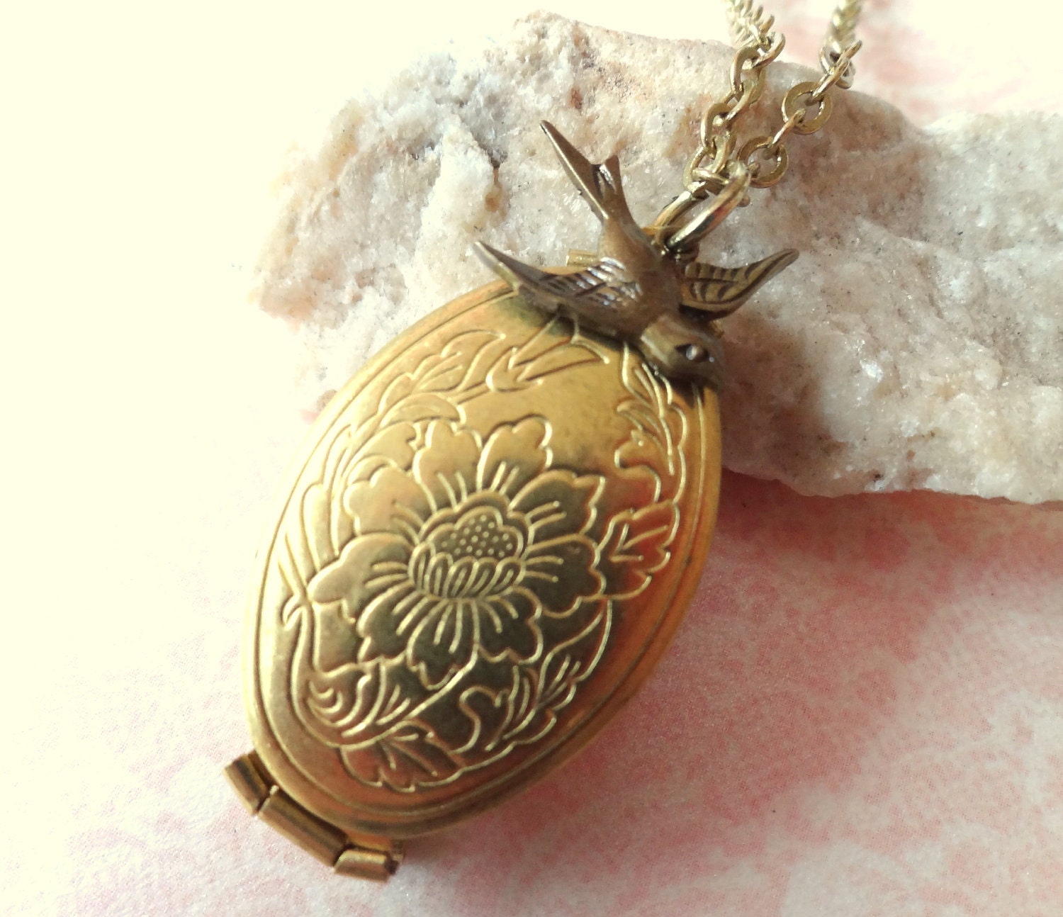 In Flight. Double Locket with Swallow Bird Charm Necklace.