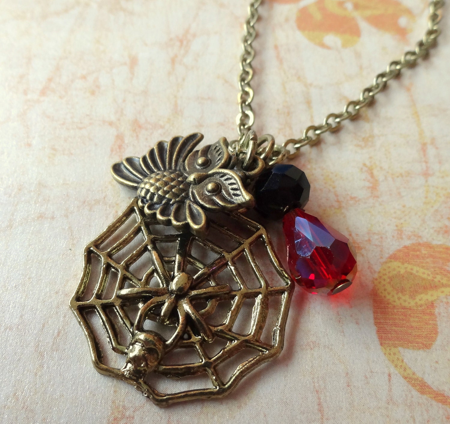 Harry Potter Inspired Necklace. Spider and Flying Owl Charm Necklace. Antique Brass Tone. Follow the Spiders.