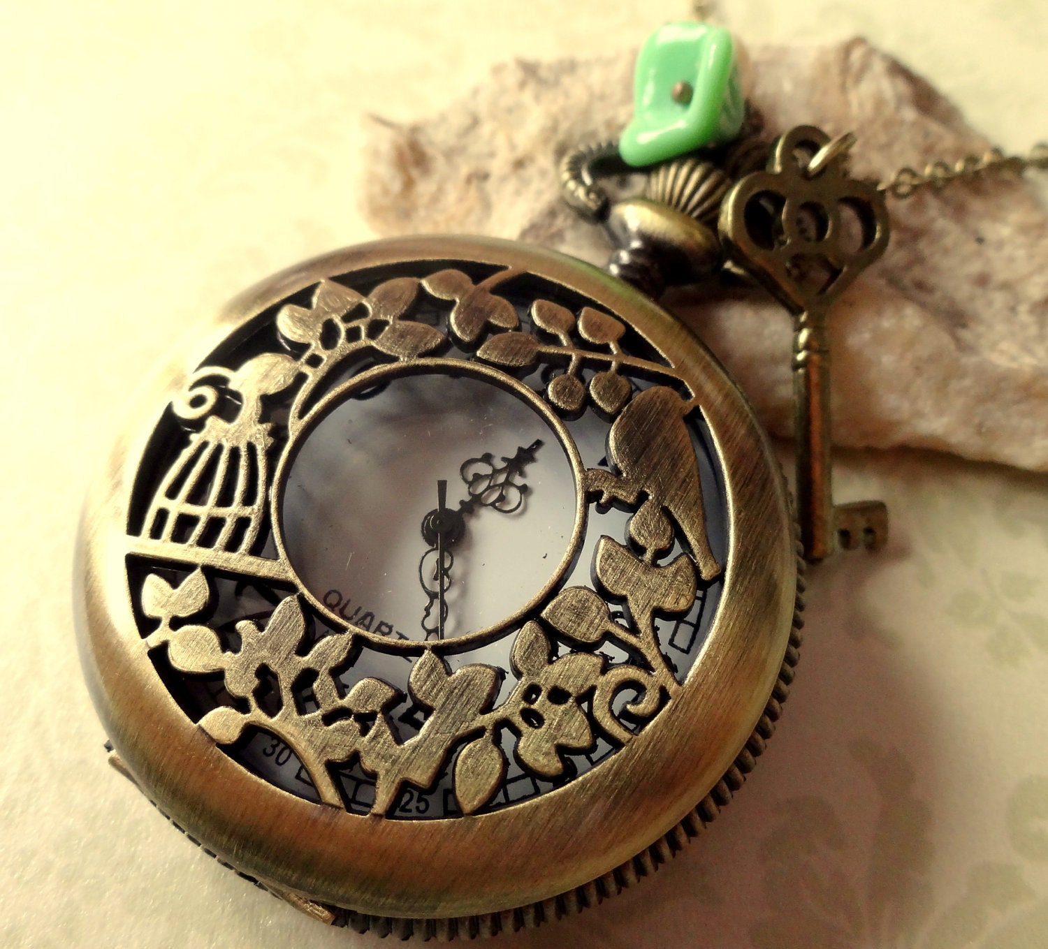 Time to Set Free. Vintage Style Pocket Watch Necklace. Large Size. Antique Bronze Tone.