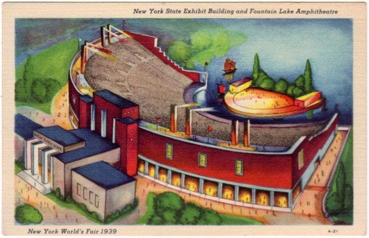 Vintage New York Postcard - 1939 New York World's Fair - New York State Exhibit Building and Fountain Lake Amphitheater (Unused)