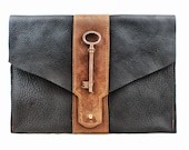 Two Tone Black and Brown Leather Clutch with Skeleton Key Accent