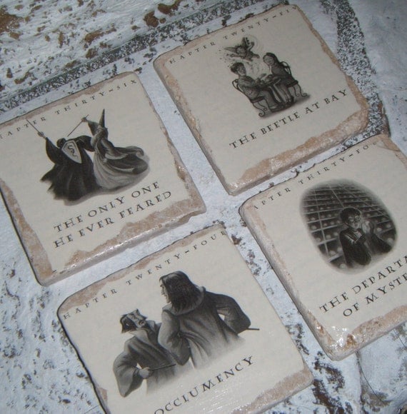Harry Potter book picture Coaster Set- Fun set of Tumbled stone coasters with pictures from Harry Potter - Book & Movie Lovers