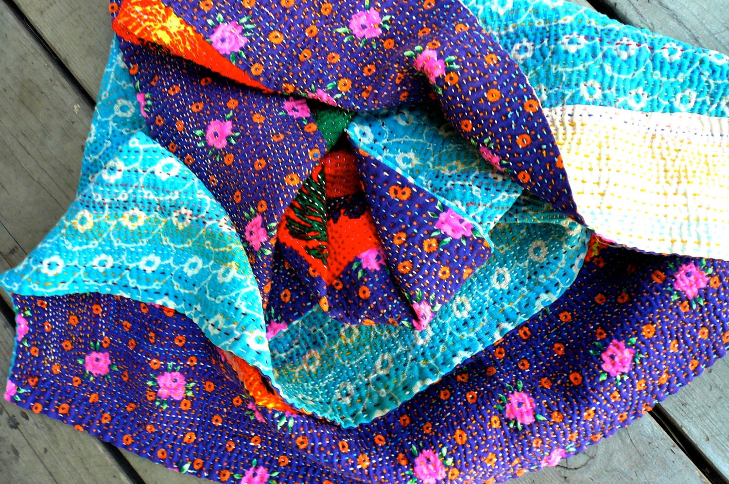 Vintage Kantha Quilt from Bangladesh Fireworks and Flowers Wall Hanging
