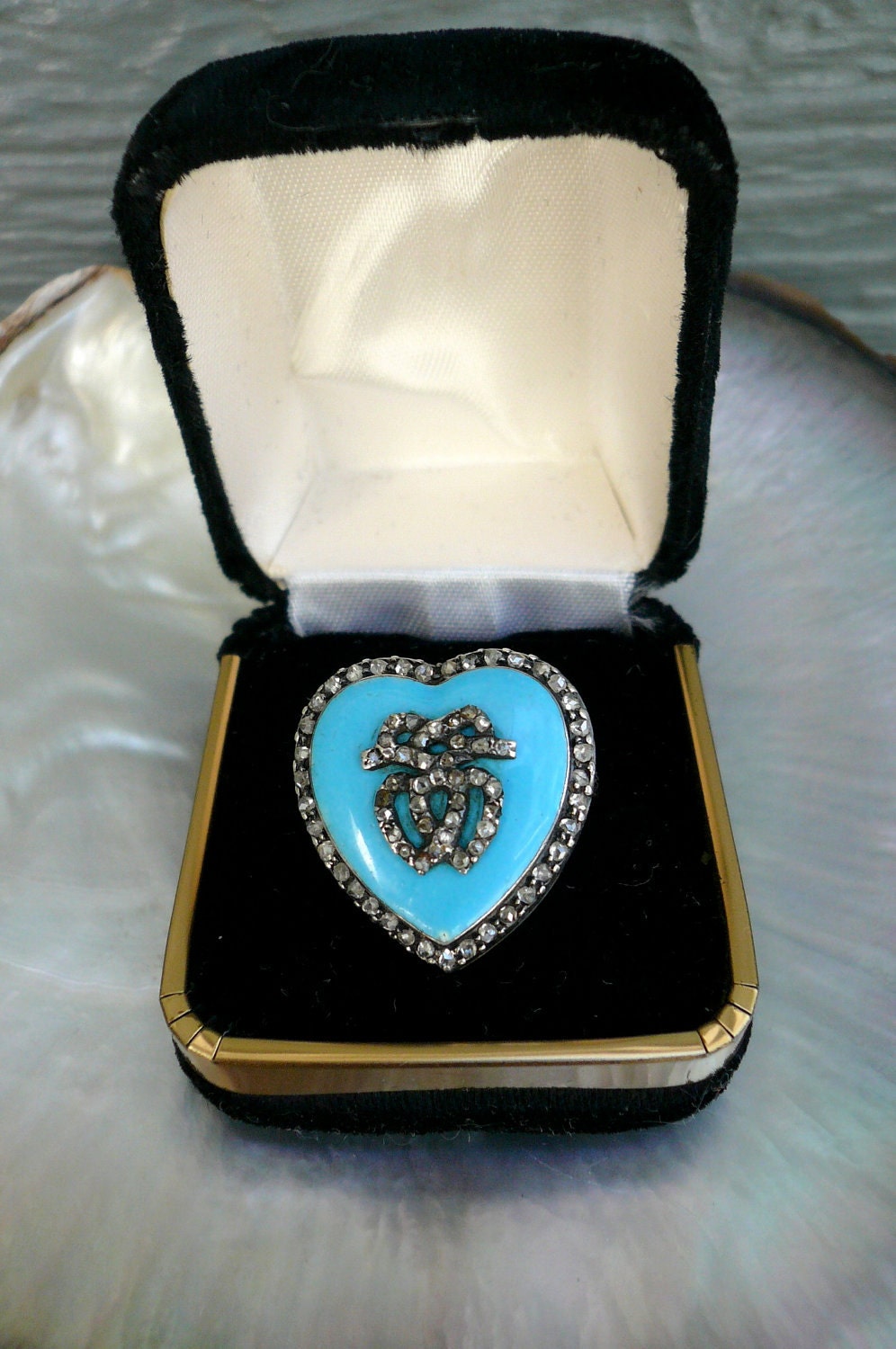 Victorian Heart Ring Diamond and Enamel 14K