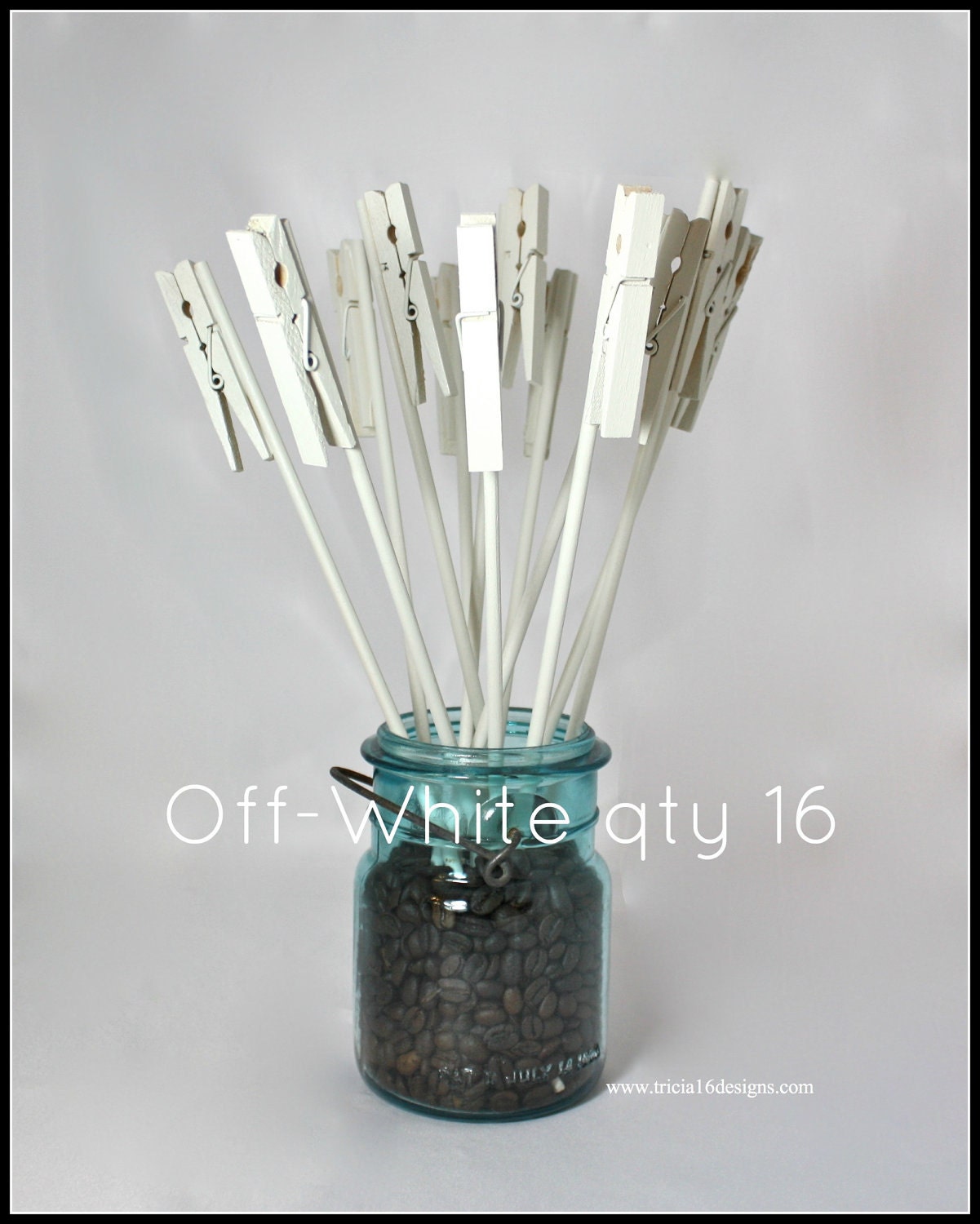 Table Number Holder, Clothes Pin on a Stick, off-white, set of 16, use for place name card, photo, memo, menu, notes, wedding home or office