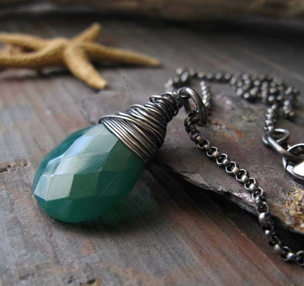 Oxidized sterling silver gemstone pendant necklace. Huge faceted green onyx wire wrapped briolette. Rustic gift for her. Emerald Isle.