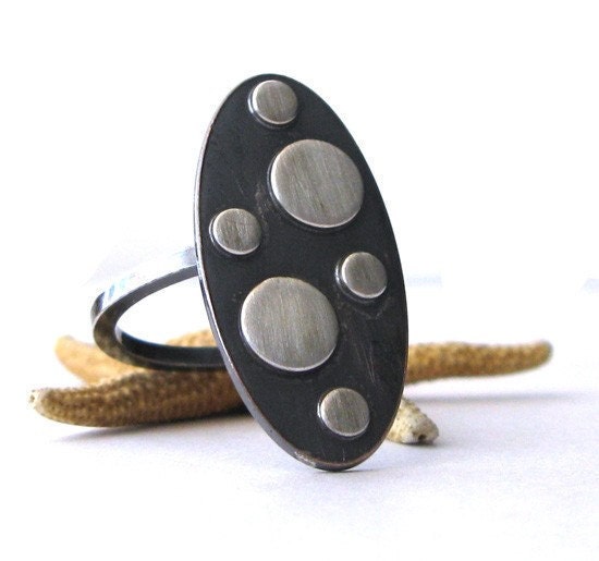 Urban large oval artisan oxidized copper and sterling silver. Rustic unique long mixed metal ring with circles.  Square wire band.