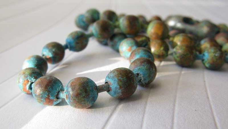 Verdigris copper chunky super long up to 50" ball chain necklace. Rustic organic patina. Can double loop around neck. Artisan handmade