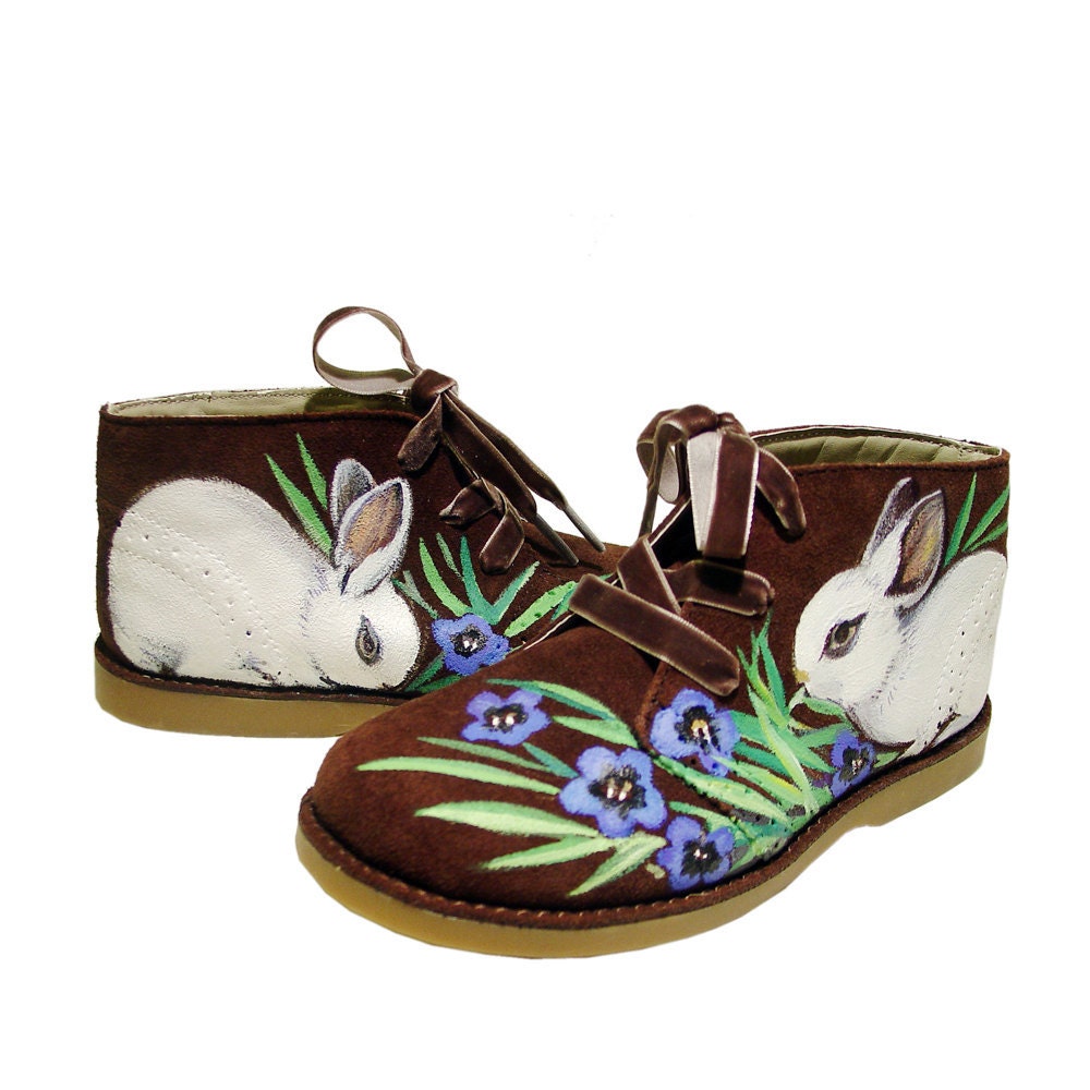 Sale - Children's Rabbit boots - handpainted Hotot Rabbits and Veld Violets on size 12 - toddlers 5 - 6 years OOAK