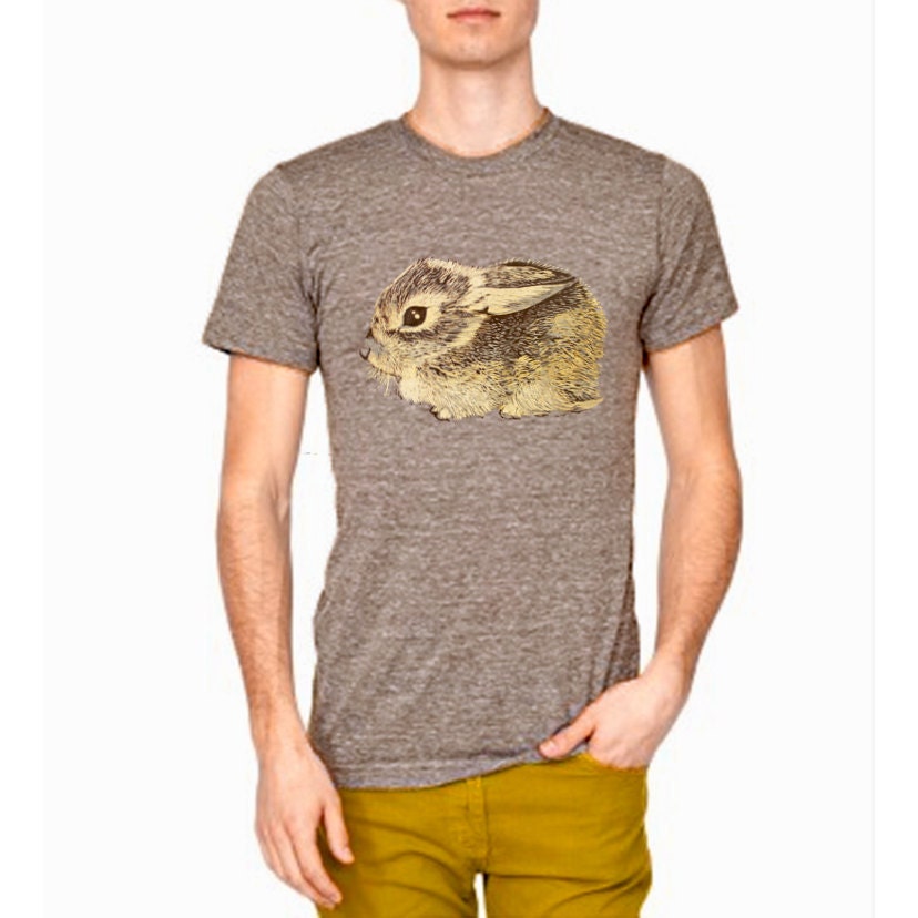 Baby Cottontail Rabbit triblend tshirt - eco friendly brown and gold ink screenprint on coffee - Adult Unisex Mens sizes XS, S, M, L, XL