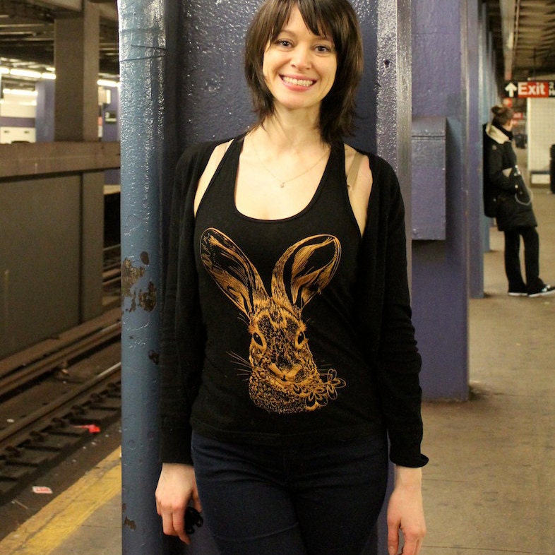 Brush Rabbit tank top - eco-friendly copper ink screenprint on black cotton racerback - womens sizes S, M, L