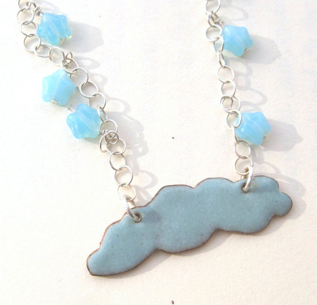Enameled cloud necklace on sterling chain with little blue beads
