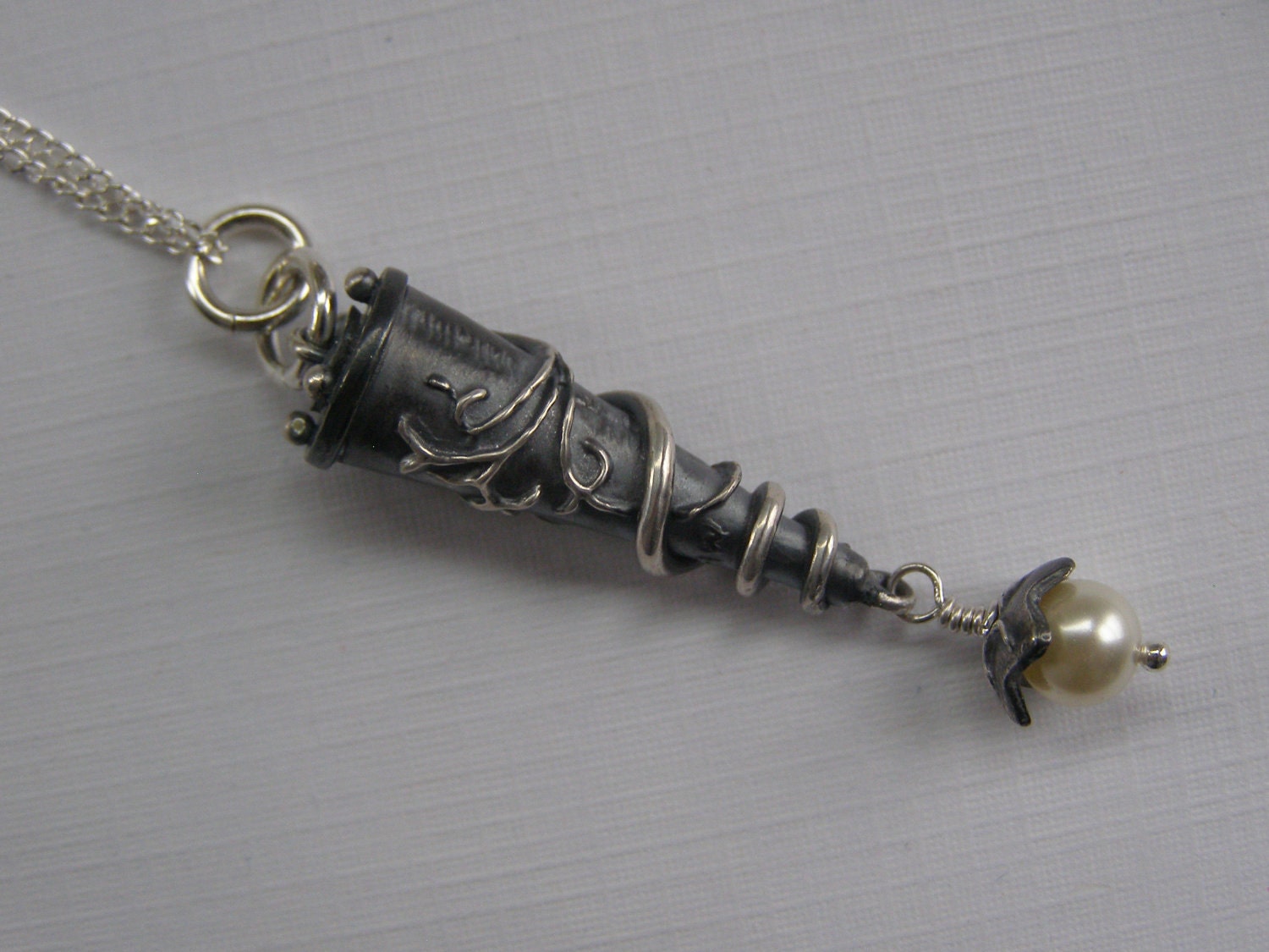 Fine Silver Hollow Cone Pendant with Pearl