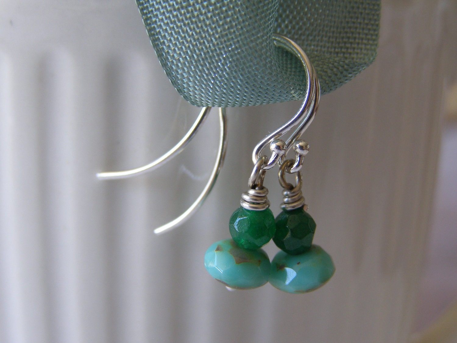 Green Czech Glass Earrings on Sterling Wires